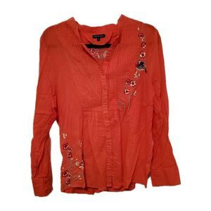 COMO NO Long Sleeve Flare Shirt Western Floral Bird Pink Button Cute Feminine Lg